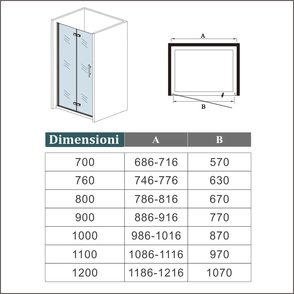 Aica 195 cm Porta Doccia Per Nicchia Battente e Pieghevole a Libro In Vetro Temperato Trasparente Anticalcare Da 6 mm