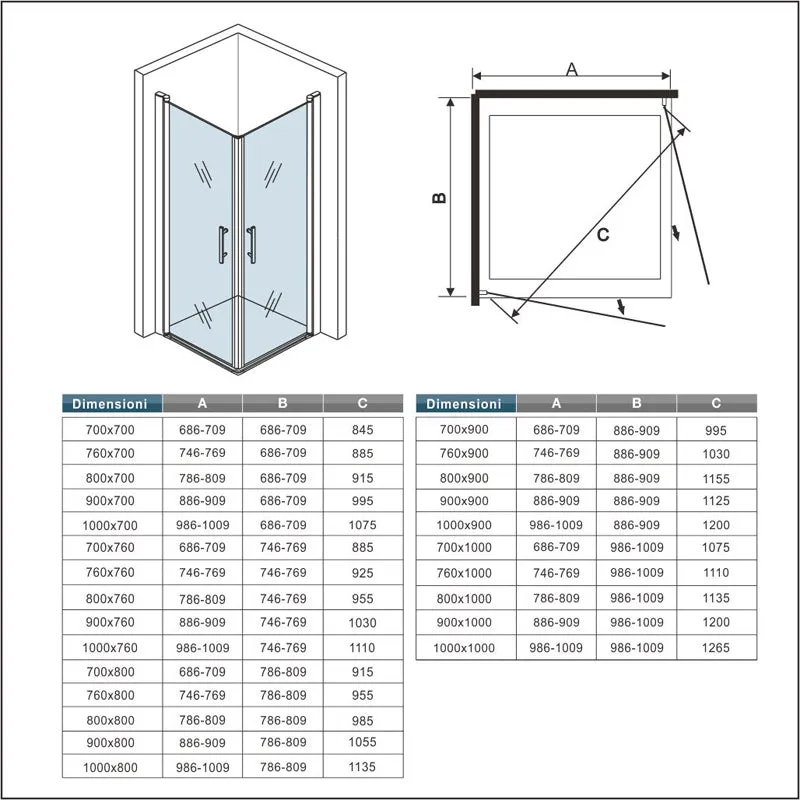 Aica Box Doccia Angolare Due Porte Battenti Apertura di 180 Gradi Vetro Temperato 6mm Anticalcare Trasparente Alto 187cm