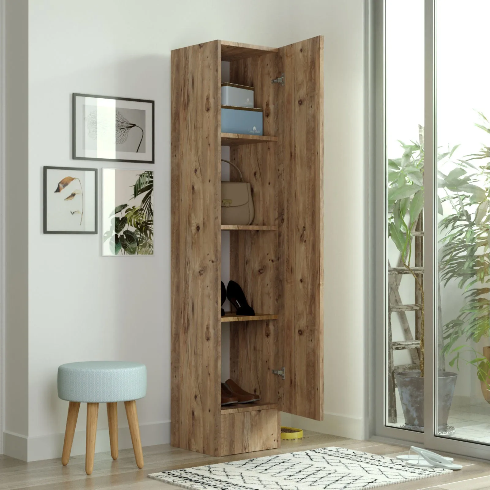 Armadietto a colonna 1 anta con specchio da ingresso in legno colore naturale cm 35x35x180h