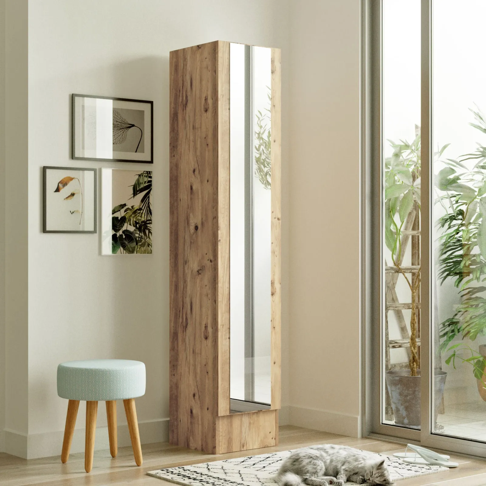 Armadietto a colonna 1 anta con specchio da ingresso in legno colore naturale cm 35x35x180h