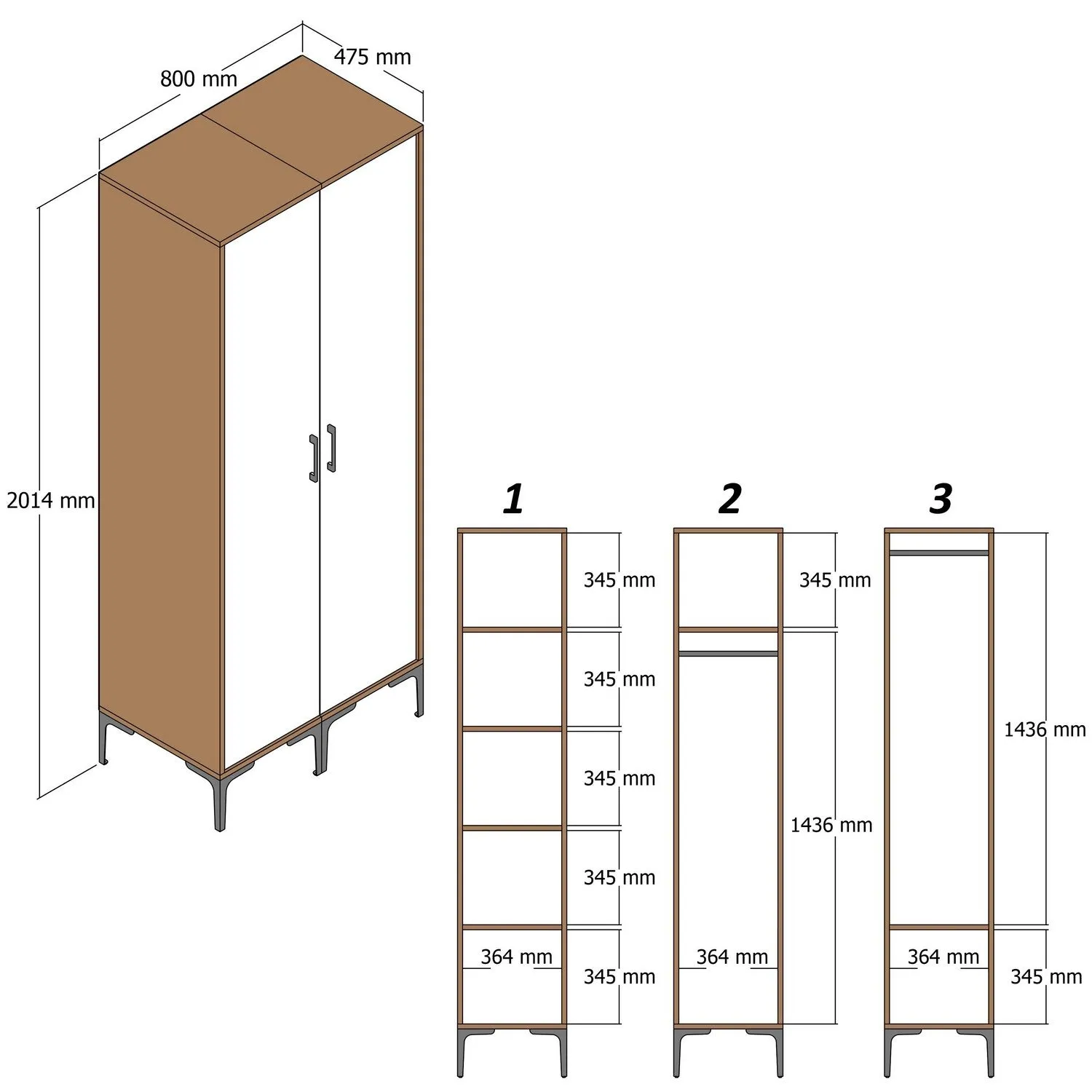 Armadio 2 ante con ripiani e appendiabiti colore noce e antracite cm 80x47x201h