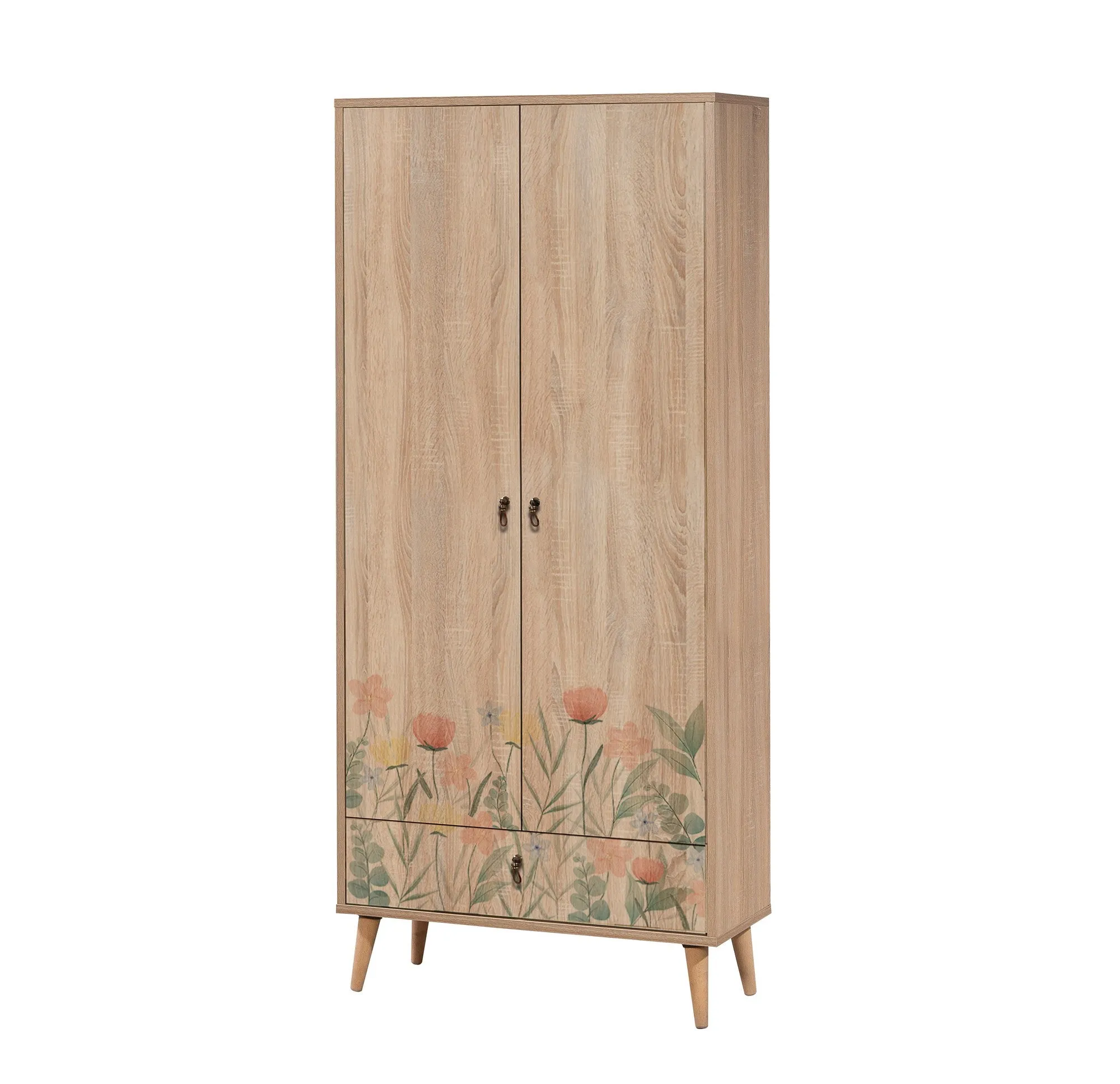 Armadio 2 ante e cassetto in legno quercia decorazioni con fiori cm 80x45x190h