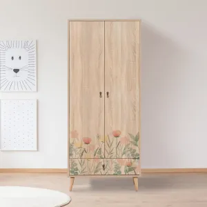 Armadio 2 ante e cassetto in legno quercia decorazioni con fiori cm 80x45x190h