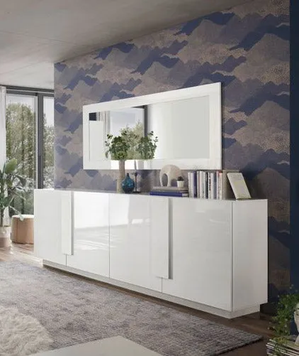 Birka - Madia moderna zona giorno 4 ante in legno bianco lucido cm 241x44x90h