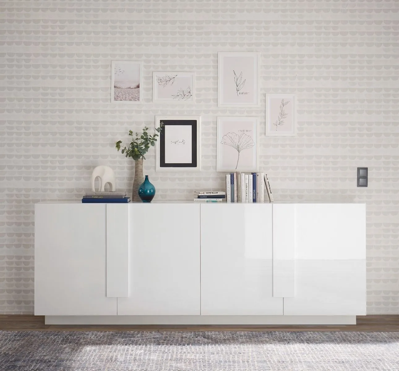 Birka - Madia moderna zona giorno 4 ante in legno bianco lucido cm 241x44x90h