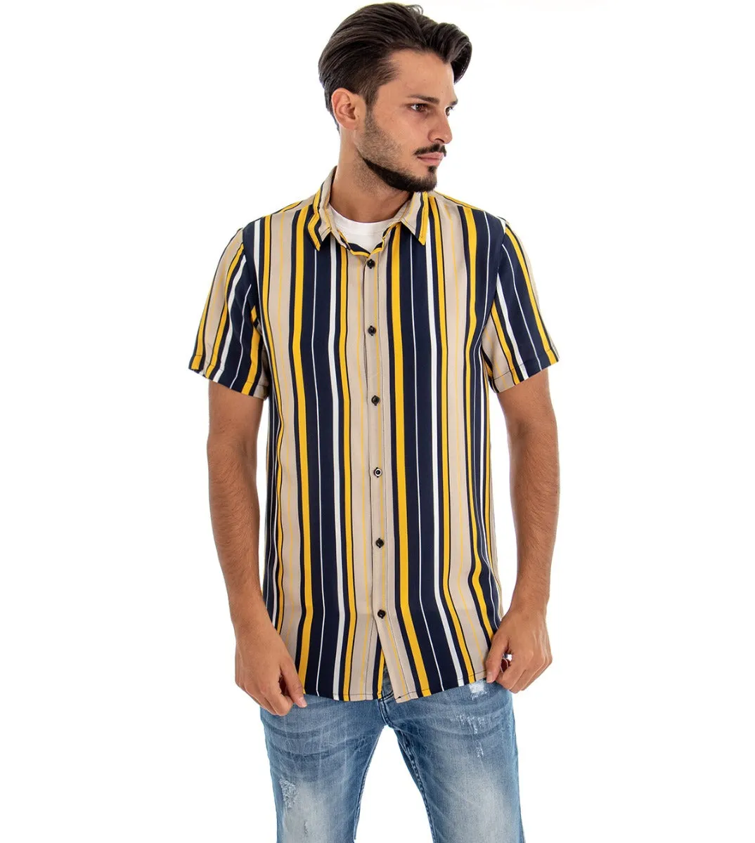 Camicia Manica Corta Uomo Righe Rigata Multicolore GIOSAL-CC1082A