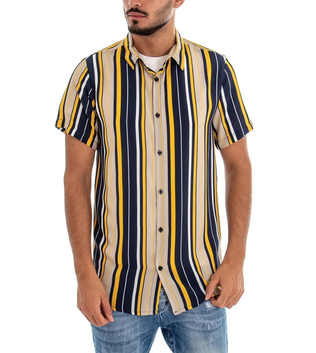 Camicia Manica Corta Uomo Righe Rigata Multicolore GIOSAL-CC1082A