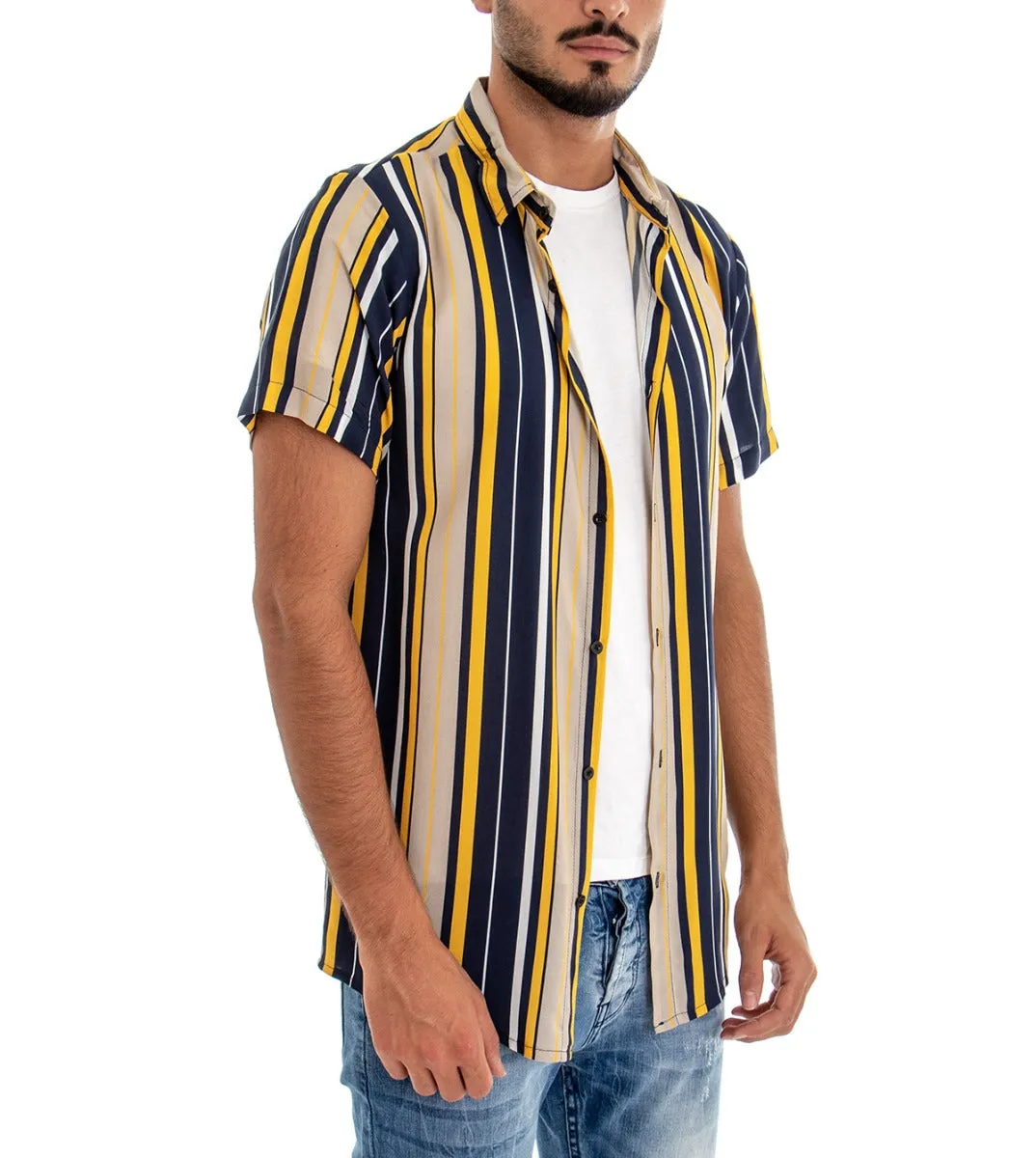 Camicia Manica Corta Uomo Righe Rigata Multicolore GIOSAL-CC1082A