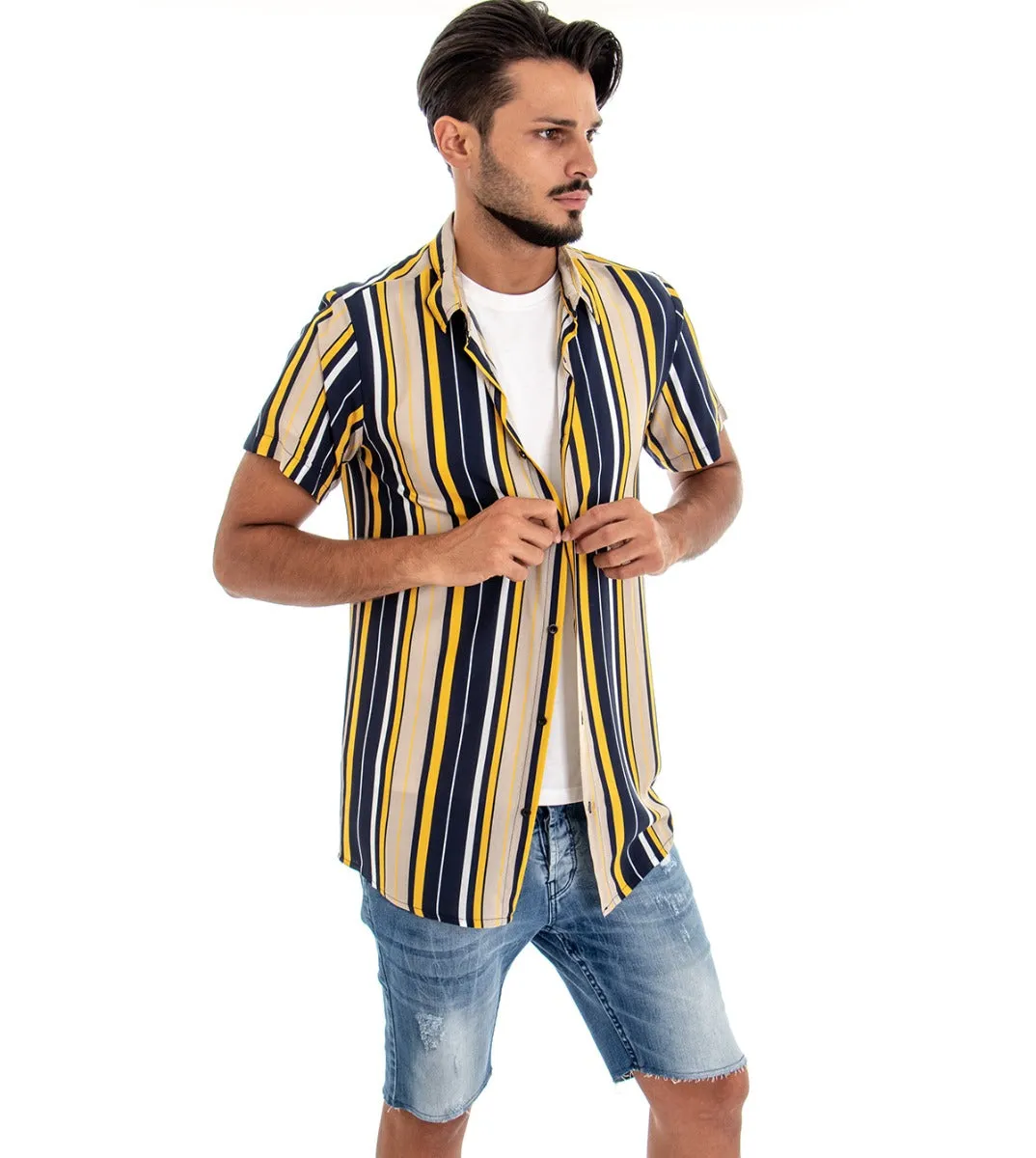 Camicia Manica Corta Uomo Righe Rigata Multicolore GIOSAL-CC1082A