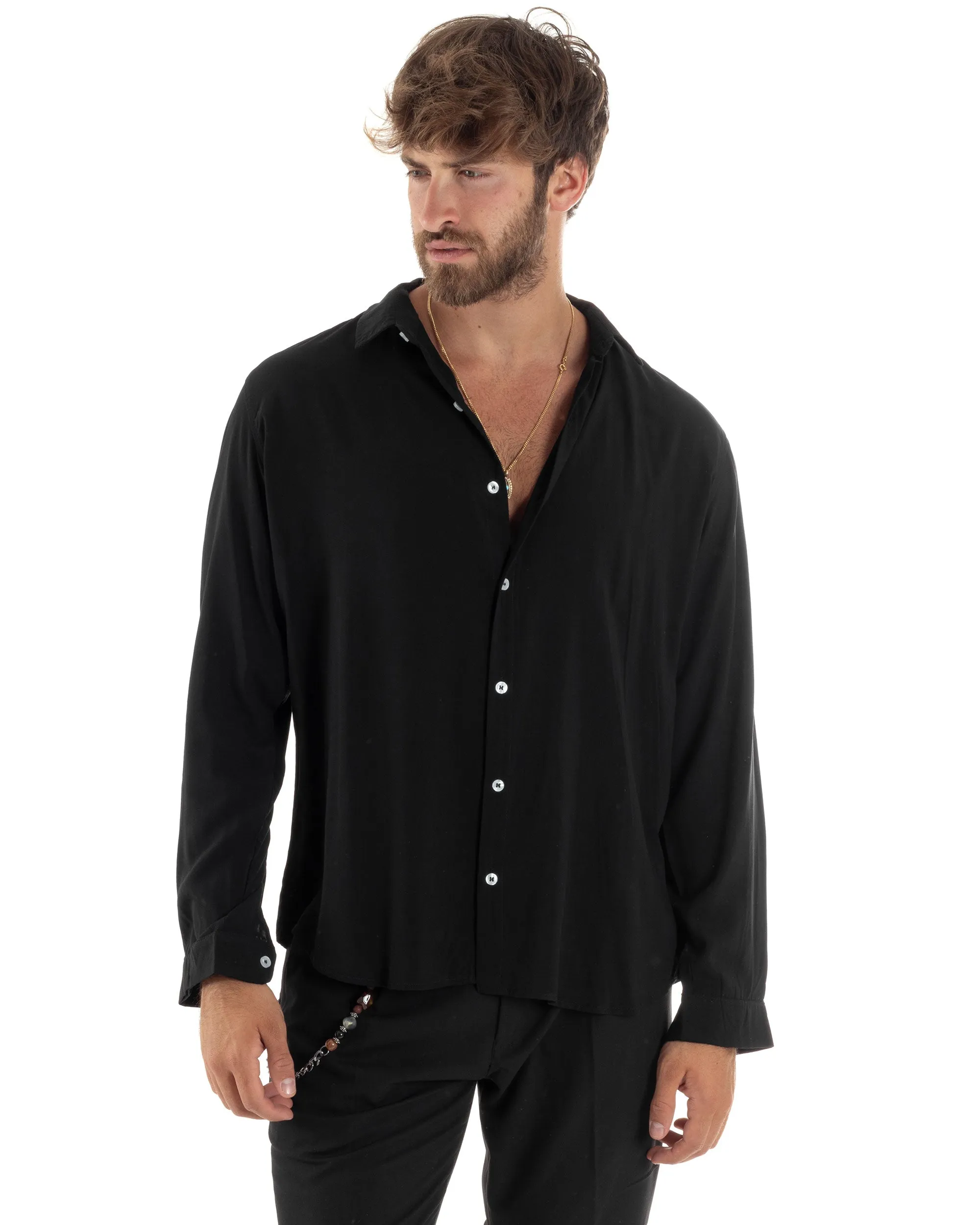 Camicia Maniche Lunghe Uomo Viscosa Basic Regular Fit Collo Camicia Classico Sartoriale Elegante Casual Nero GIOSAL-C2874A