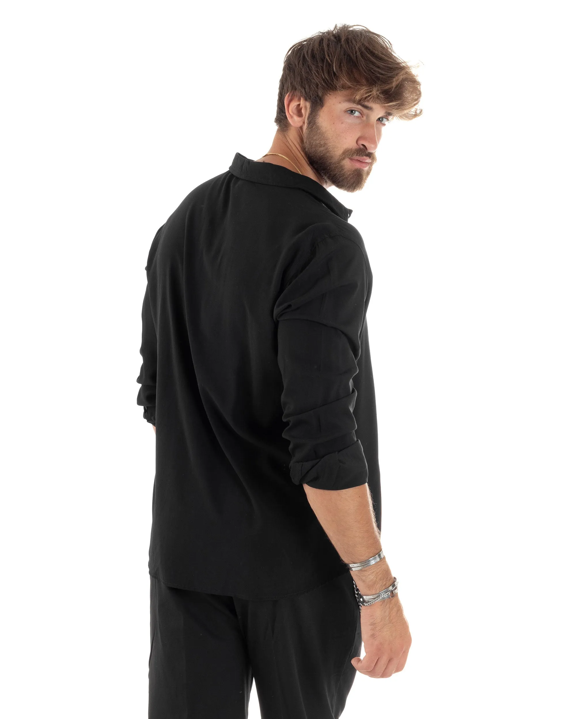 Camicia Maniche Lunghe Uomo Viscosa Basic Regular Fit Collo Camicia Classico Sartoriale Elegante Casual Nero GIOSAL-C2874A