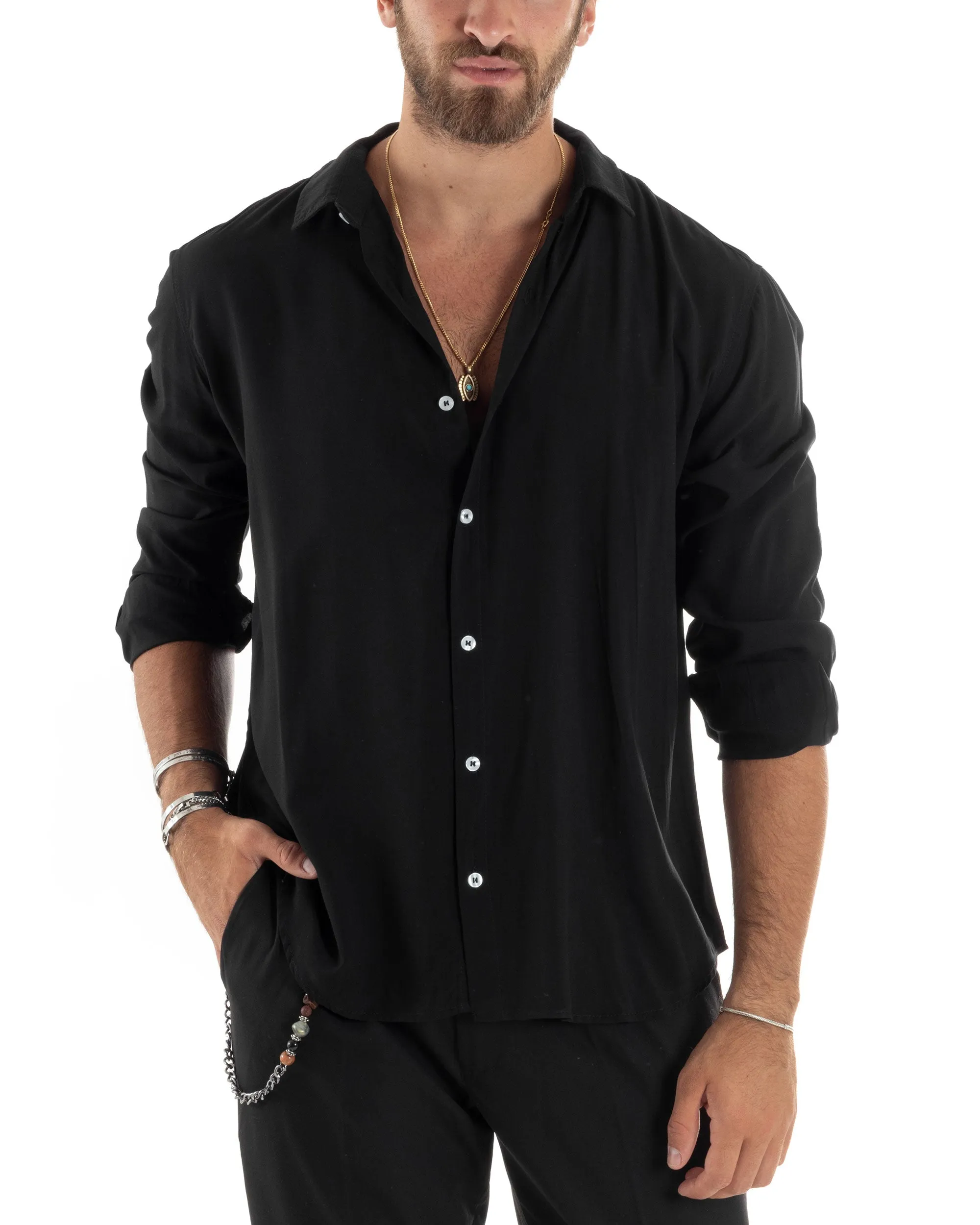 Camicia Maniche Lunghe Uomo Viscosa Basic Regular Fit Collo Camicia Classico Sartoriale Elegante Casual Nero GIOSAL-C2874A