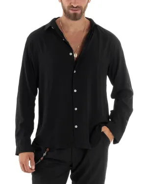 Camicia Maniche Lunghe Uomo Viscosa Basic Regular Fit Collo Camicia Classico Sartoriale Elegante Casual Nero GIOSAL-C2874A