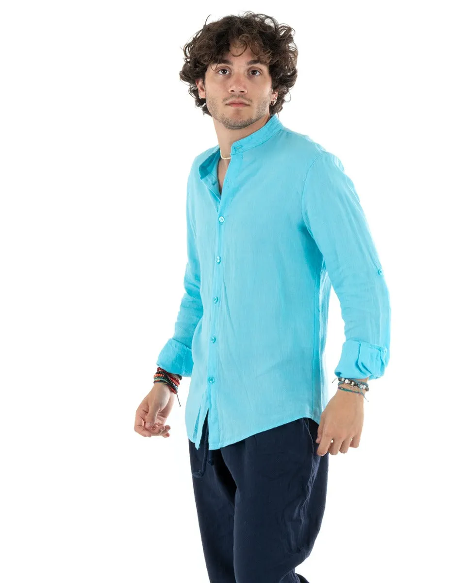 Camicia Uomo Collo Coreano Slim Fit Lino Tinta Unita Maniche Lunghe Azzurro GIOSAL-C2780A