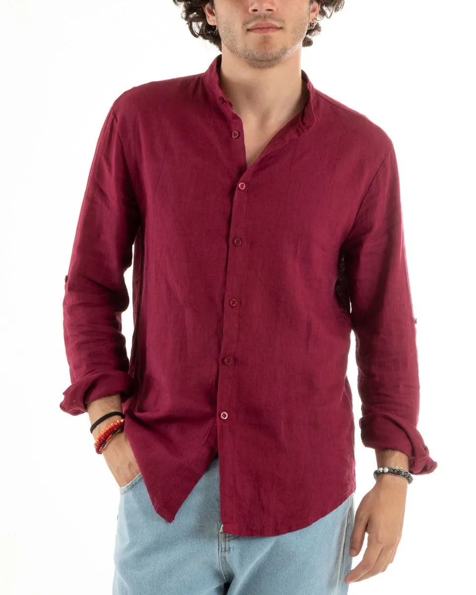 Camicia Uomo Collo Coreano Slim Fit Lino Tinta Unita Maniche Lunghe Bordeaux GIOSAL-C2777A