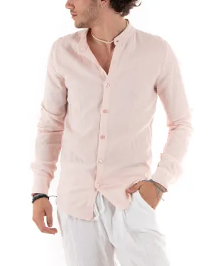 Camicia Uomo Collo Coreano Slim Fit Lino Tinta Unita Maniche Lunghe Rosa GIOSAL-C2782A