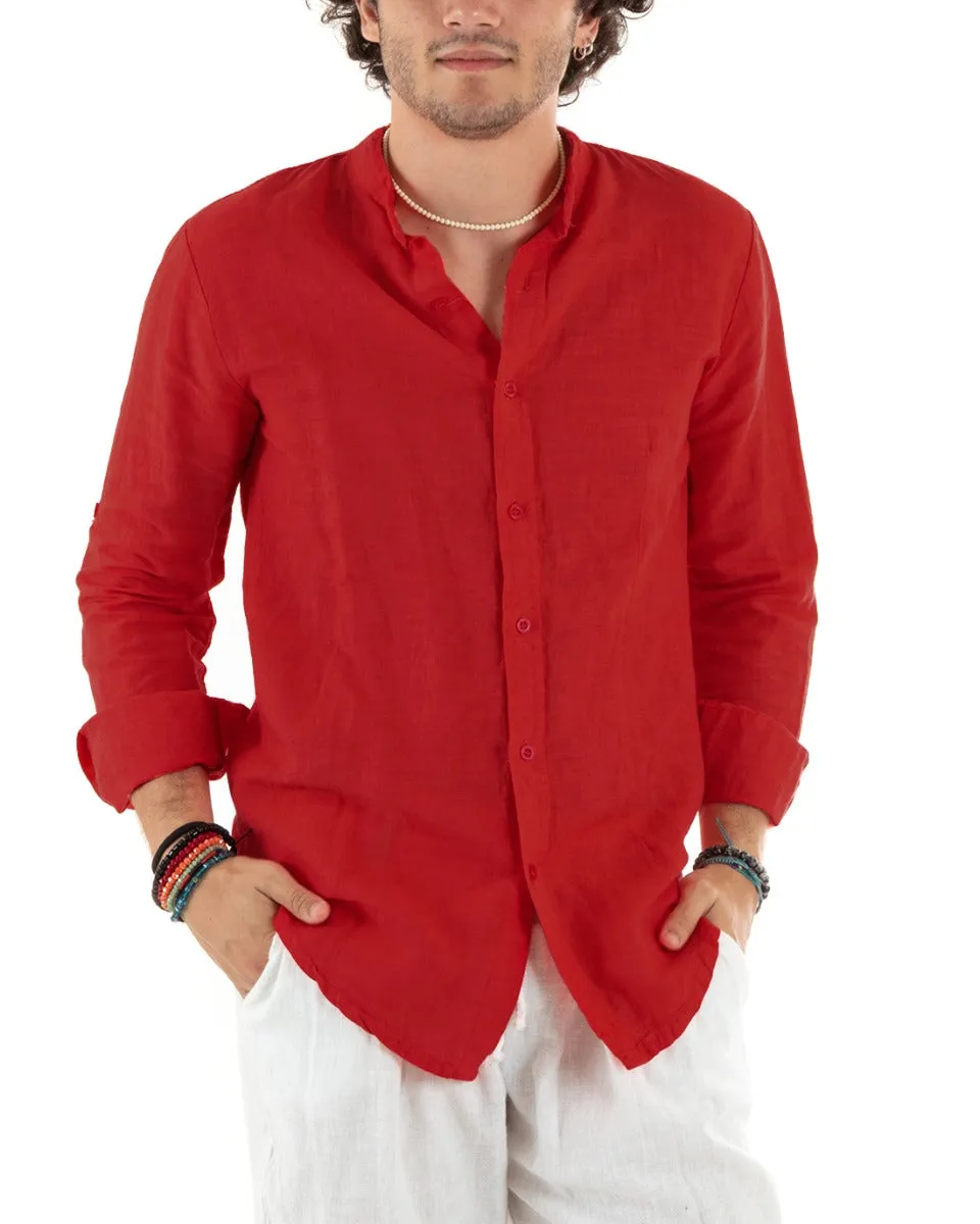 Camicia Uomo Collo Coreano Slim Fit Lino Tinta Unita Maniche Lunghe Rosso GIOSAL-C2786A