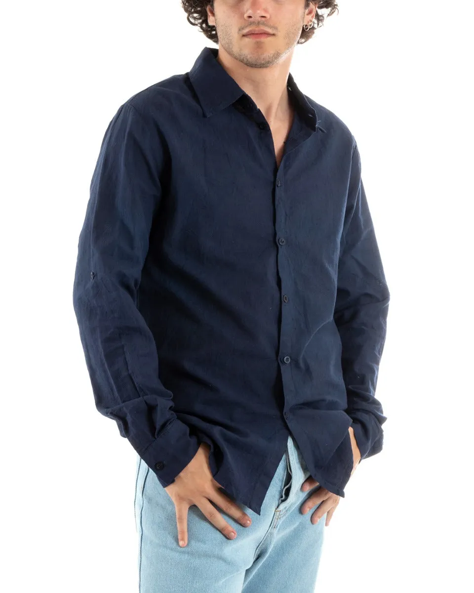 Camicia Uomo Con Colletto Slim Fit Lino Tinta Unita Maniche Lunghe Blu GIOSAL-C2767A