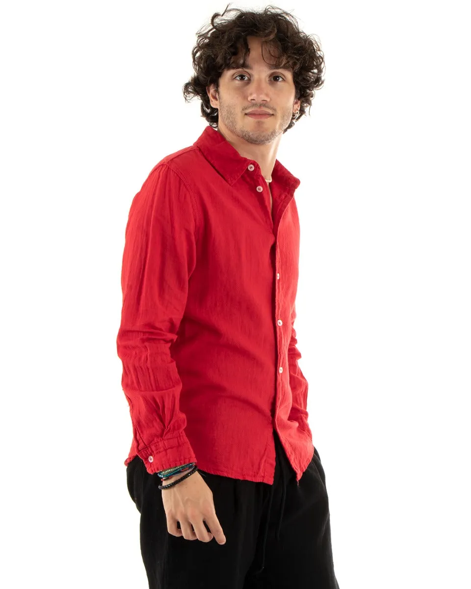 Camicia Uomo Con Colletto Slim Fit Lino Tinta Unita Maniche Lunghe Rosso GIOSAL-C2763A