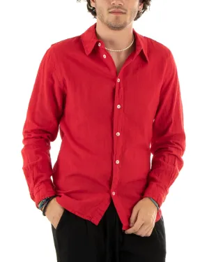 Camicia Uomo Con Colletto Slim Fit Lino Tinta Unita Maniche Lunghe Rosso GIOSAL-C2763A