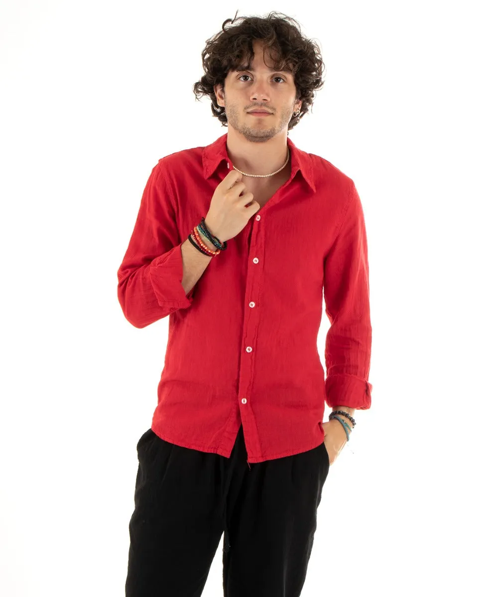 Camicia Uomo Con Colletto Slim Fit Lino Tinta Unita Maniche Lunghe Rosso GIOSAL-C2763A