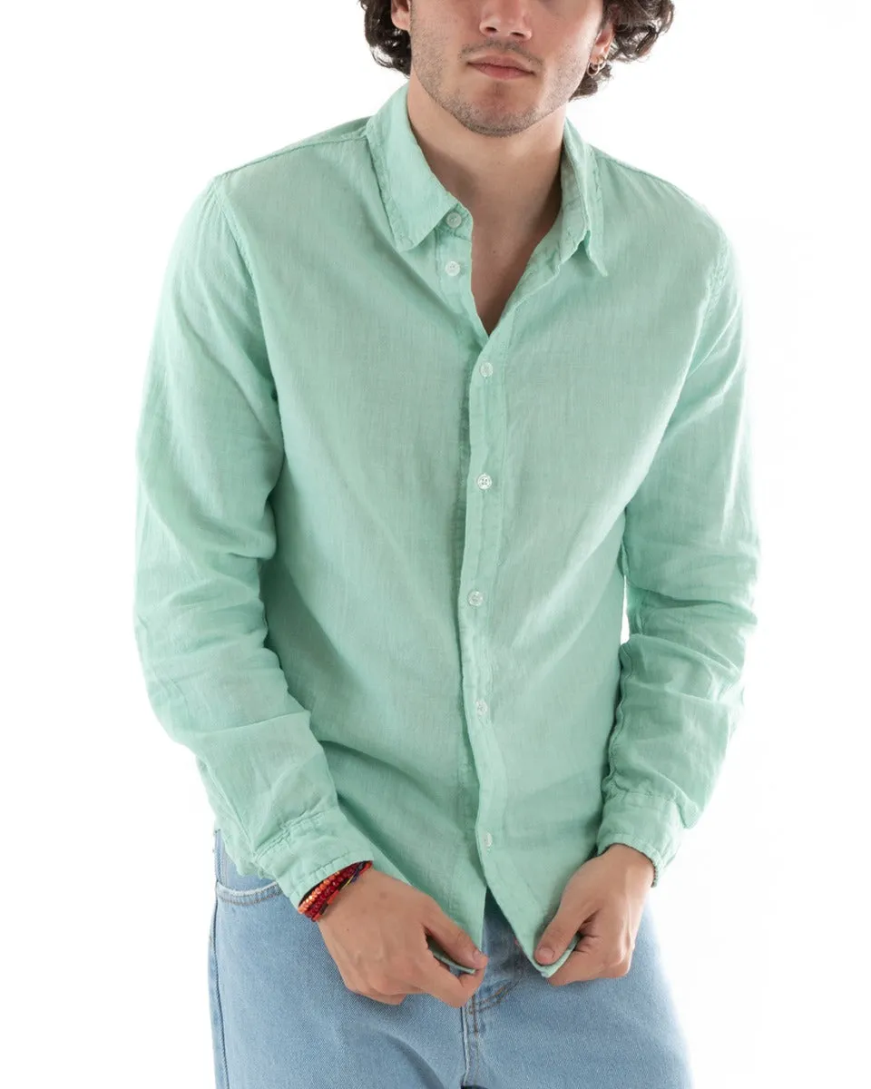 Camicia Uomo Con Colletto Slim Fit Lino Tinta Unita Maniche Lunghe Verde Acqua GIOSAL-C2758A