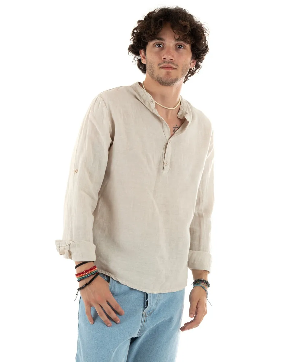 Camicia Uomo Lino Collo Serafino Mezzo Bottone Tinta Unita Casacca Beige GIOSAL-C2801A