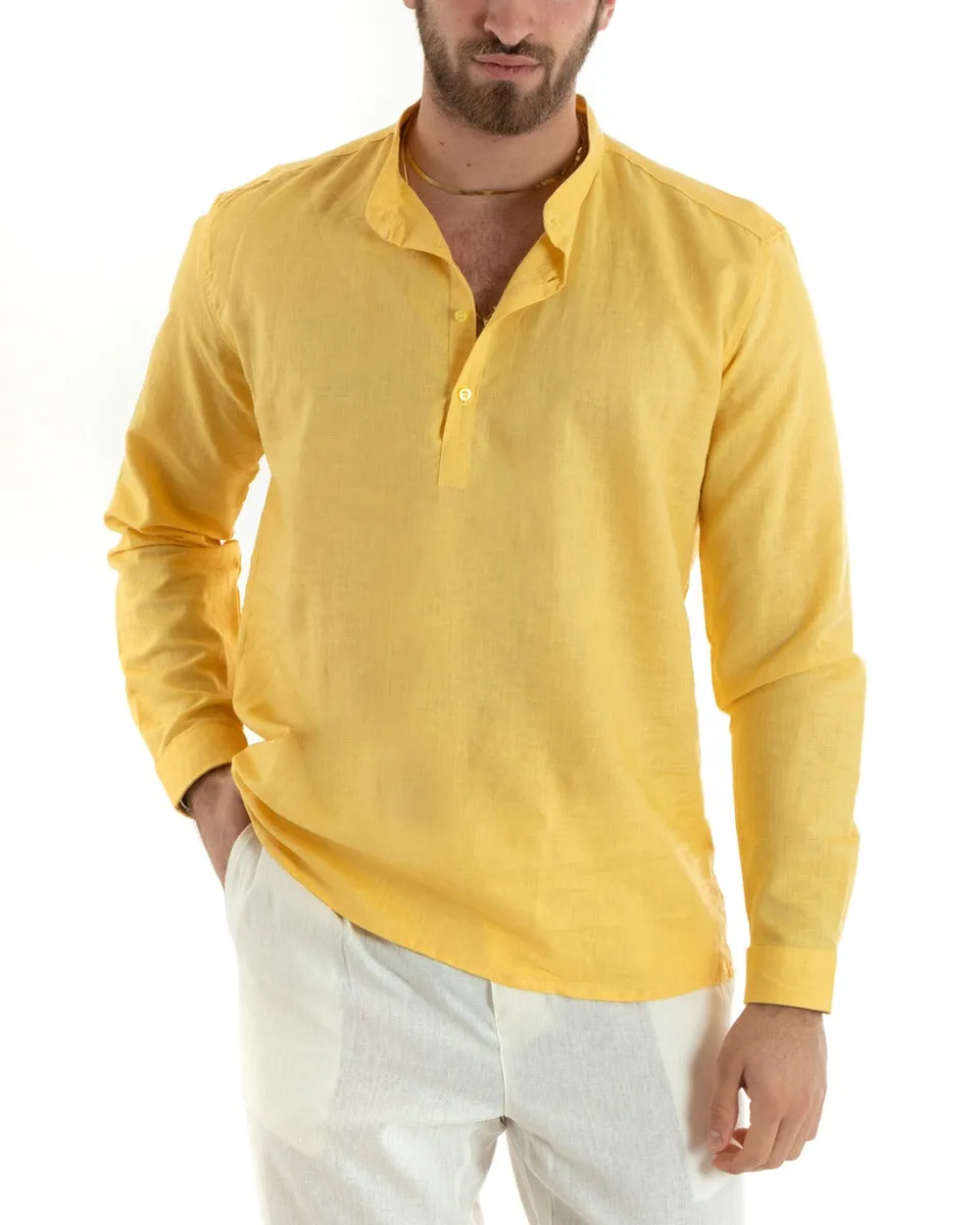 Camicia Uomo Serafino Casacca Manica Lunga Lino Tinta Unita Sartoriale Giallo GIOSAL-C2816A