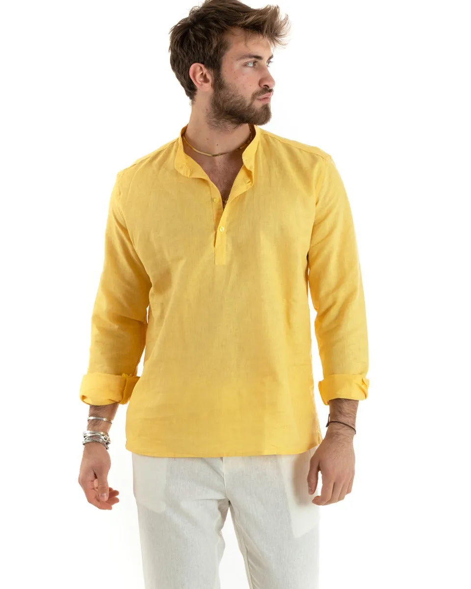 Camicia Uomo Serafino Casacca Manica Lunga Lino Tinta Unita Sartoriale Giallo GIOSAL-C2816A