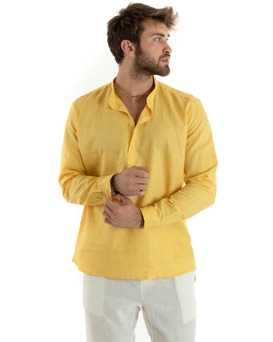 Camicia Uomo Serafino Casacca Manica Lunga Lino Tinta Unita Sartoriale Giallo GIOSAL-C2816A