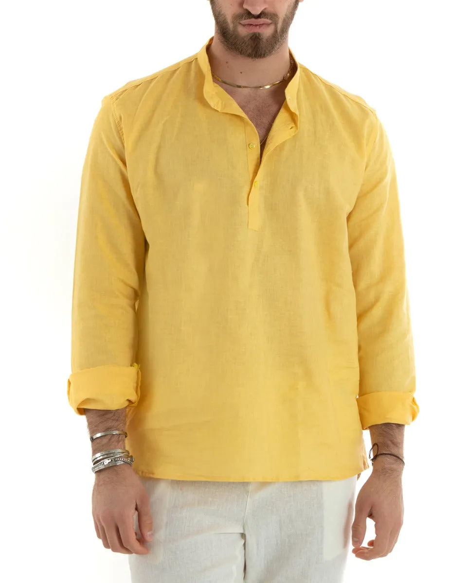 Camicia Uomo Serafino Casacca Manica Lunga Lino Tinta Unita Sartoriale Giallo GIOSAL-C2816A