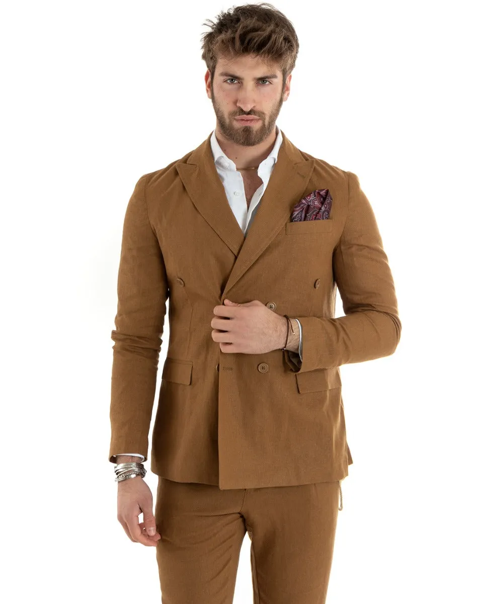 Giacca Uomo Doppiopetto Lino Tinta Unita Camel Sartoriale Cerimonia Elegante Casual GIOSAL-G3065A