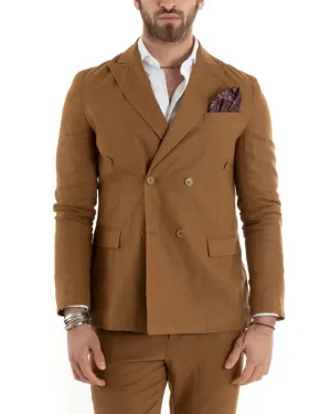 Giacca Uomo Doppiopetto Lino Tinta Unita Camel Sartoriale Cerimonia Elegante Casual GIOSAL-G3065A