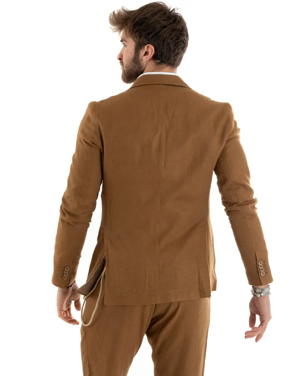 Giacca Uomo Doppiopetto Lino Tinta Unita Camel Sartoriale Cerimonia Elegante Casual GIOSAL-G3065A