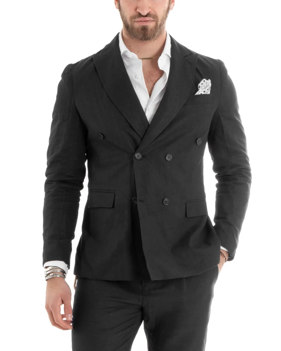 Giacca Uomo Doppiopetto Lino Tinta Unita Nero Sartoriale Cerimonia Elegante Casual GIOSAL-G3063A