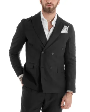 Giacca Uomo Doppiopetto Lino Tinta Unita Nero Sartoriale Cerimonia Elegante Casual GIOSAL-G3063A