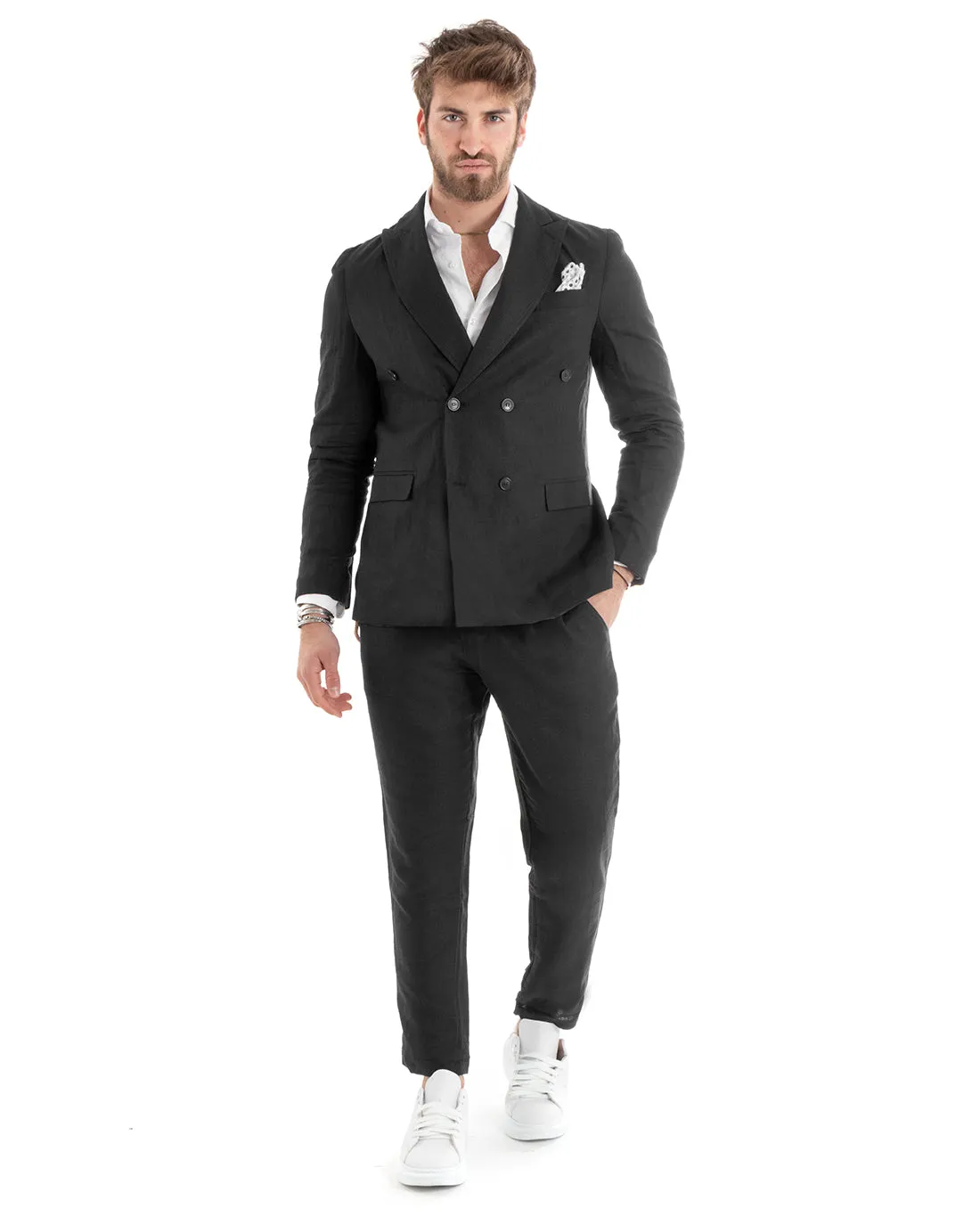 Giacca Uomo Doppiopetto Lino Tinta Unita Nero Sartoriale Cerimonia Elegante Casual GIOSAL-G3063A