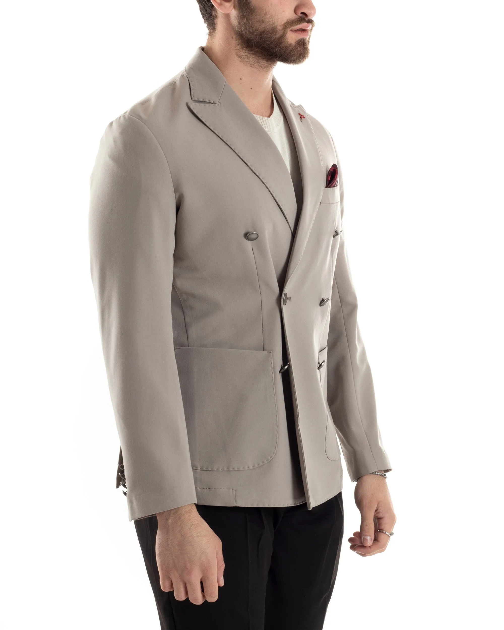 Giacca Uomo Doppiopetto Viscosa Tinta Unita Beige Sartoriale Cerimonia Elegante Casual GIOSAL-G3164A