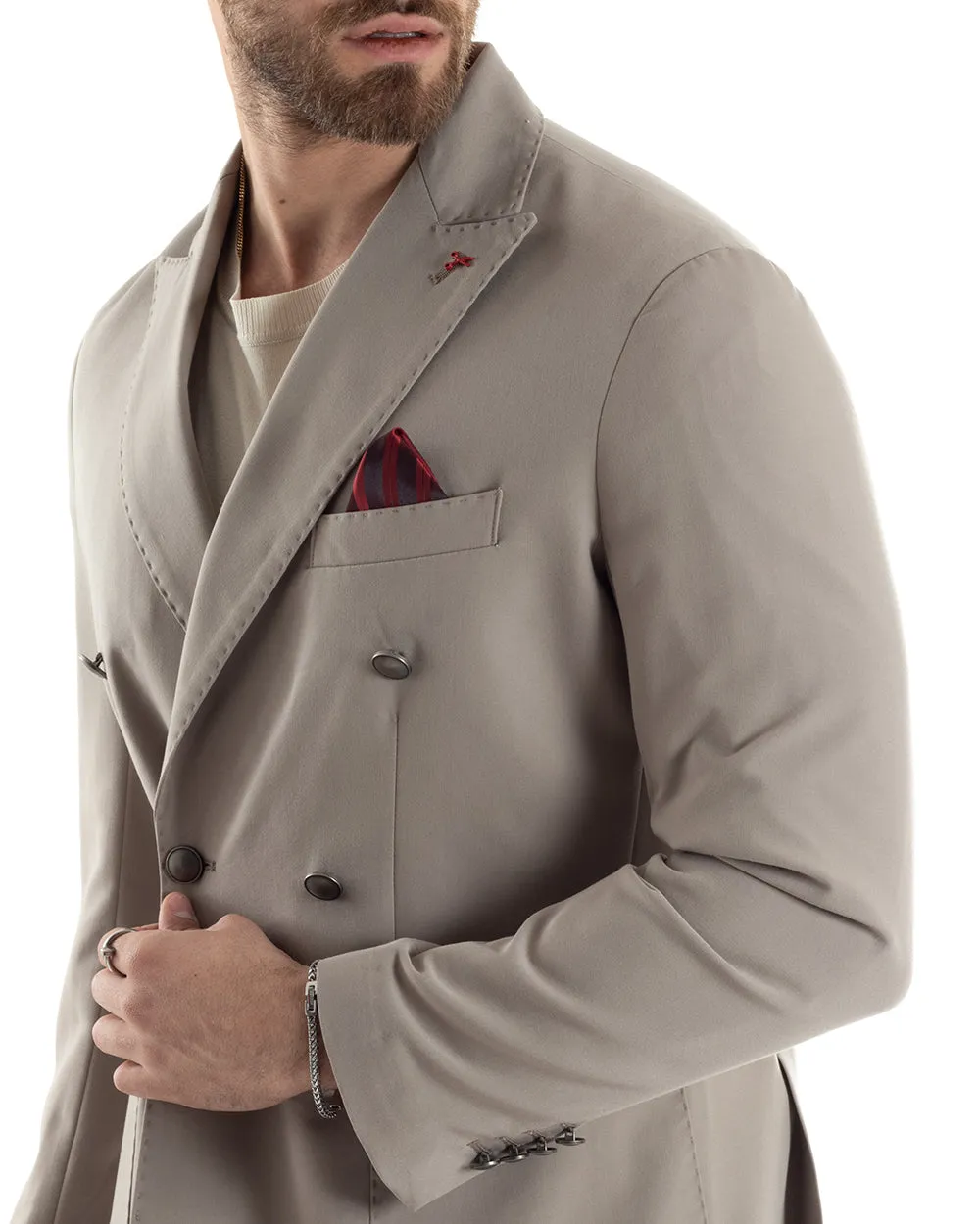 Giacca Uomo Doppiopetto Viscosa Tinta Unita Beige Sartoriale Cerimonia Elegante Casual GIOSAL-G3164A