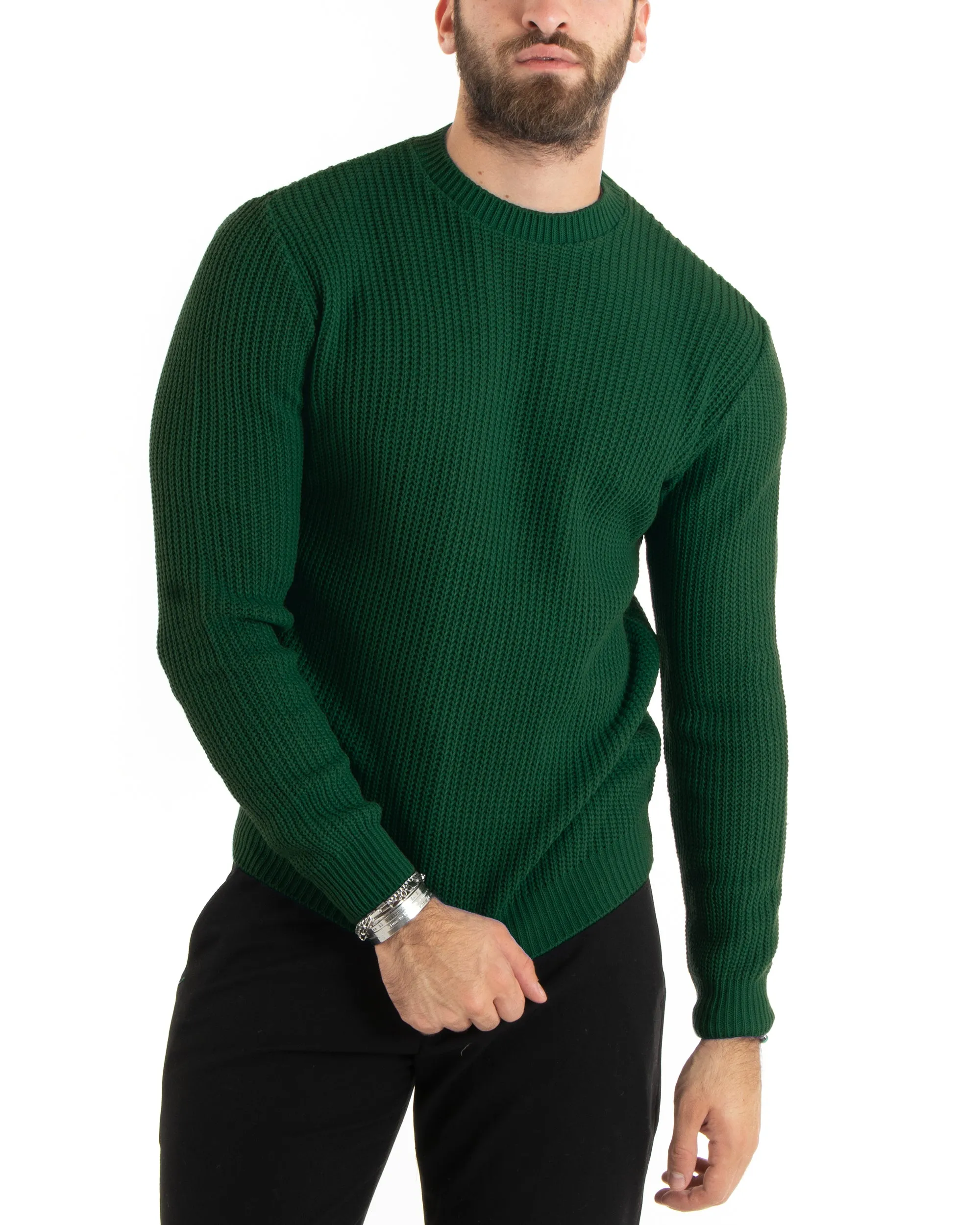 Maglioncino Uomo Girocollo Tinta Unita Verde Bottiglia Maglia Inglese Basic GIOSAL-M2755A