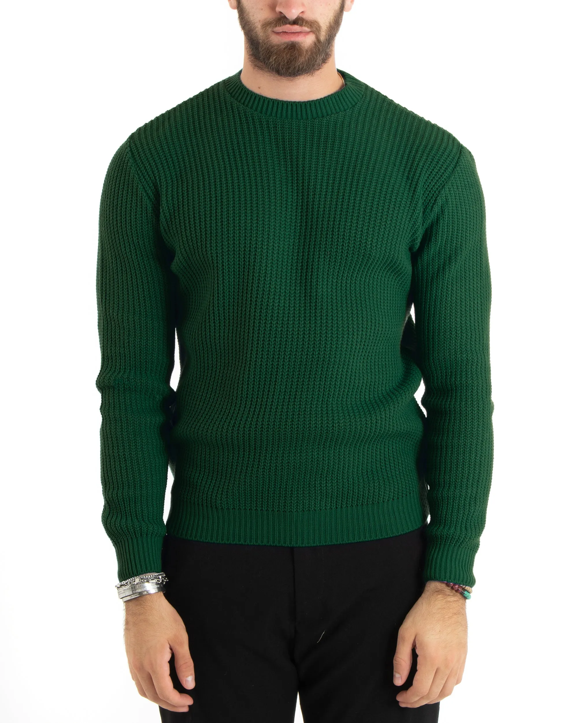 Maglioncino Uomo Girocollo Tinta Unita Verde Bottiglia Maglia Inglese Basic GIOSAL-M2755A