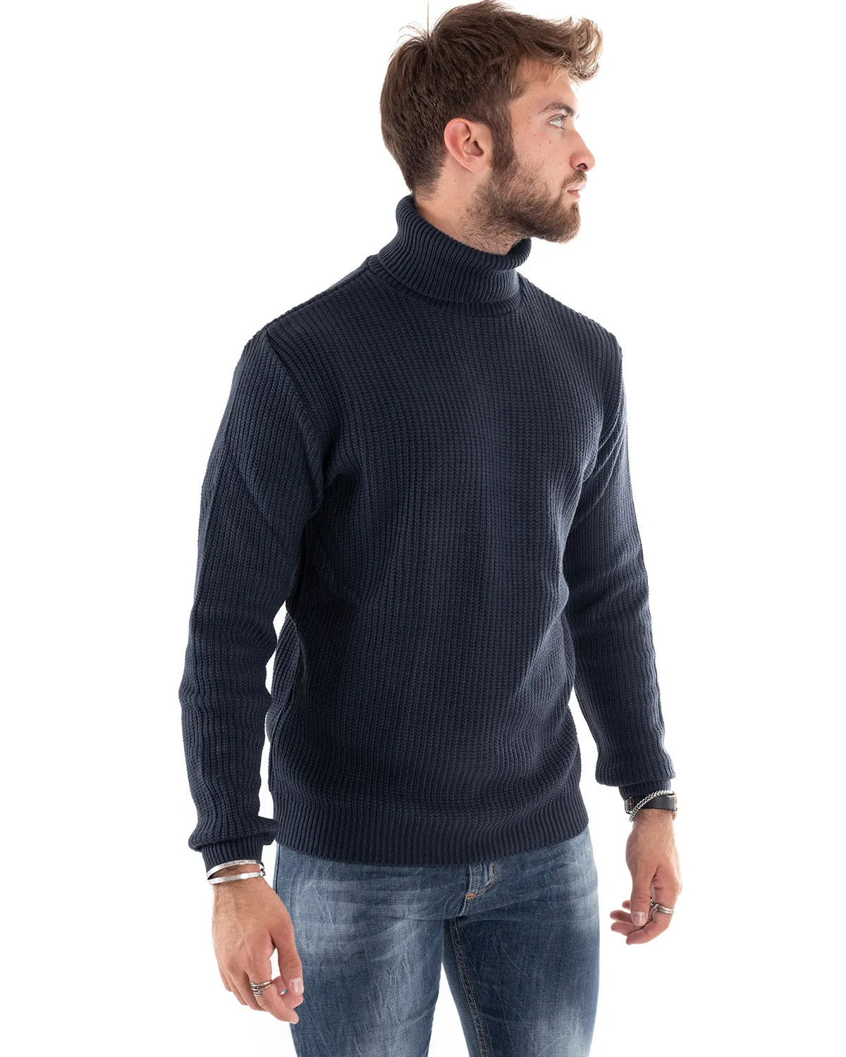 Maglione Uomo Pullover Dolcevita Maglia Tinta Unita Blu Scuro Collo Alto Casual GIOSAL-M2598A