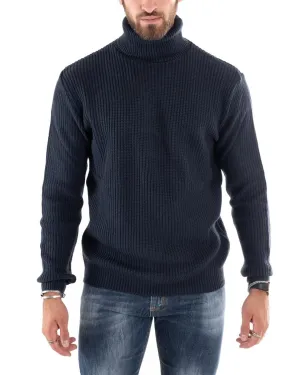 Maglione Uomo Pullover Dolcevita Maglia Tinta Unita Blu Scuro Collo Alto Casual GIOSAL-M2598A