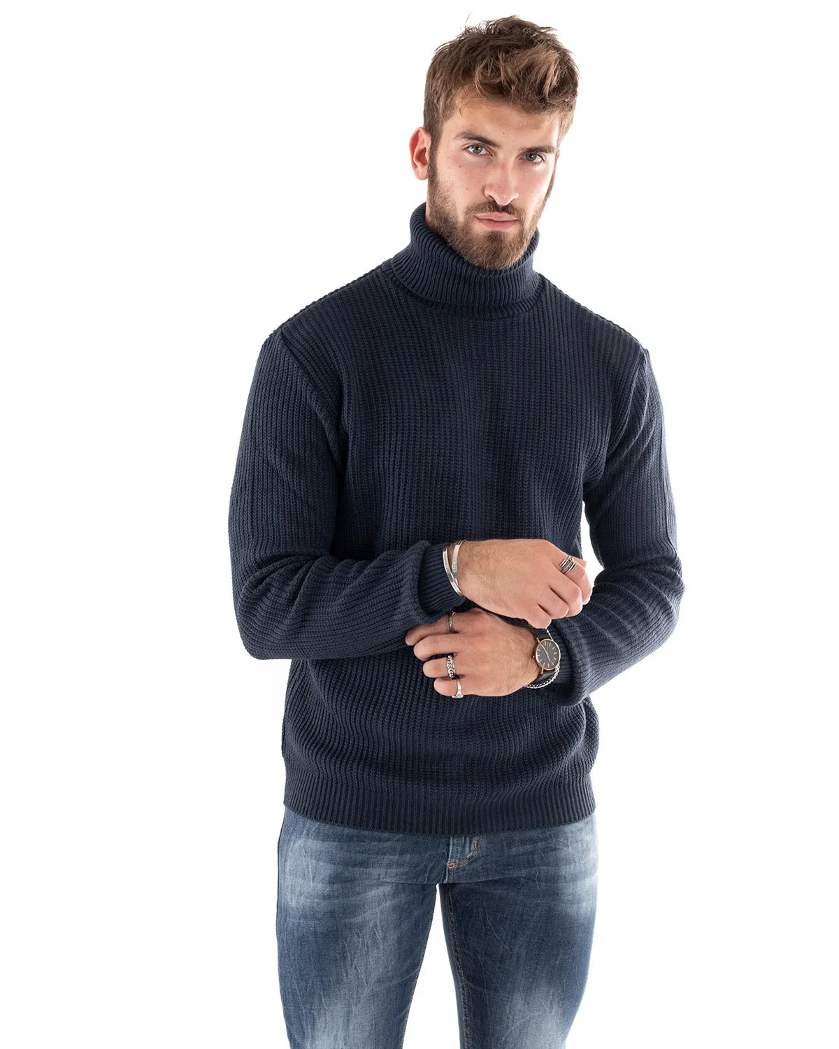 Maglione Uomo Pullover Dolcevita Maglia Tinta Unita Blu Scuro Collo Alto Casual GIOSAL-M2598A