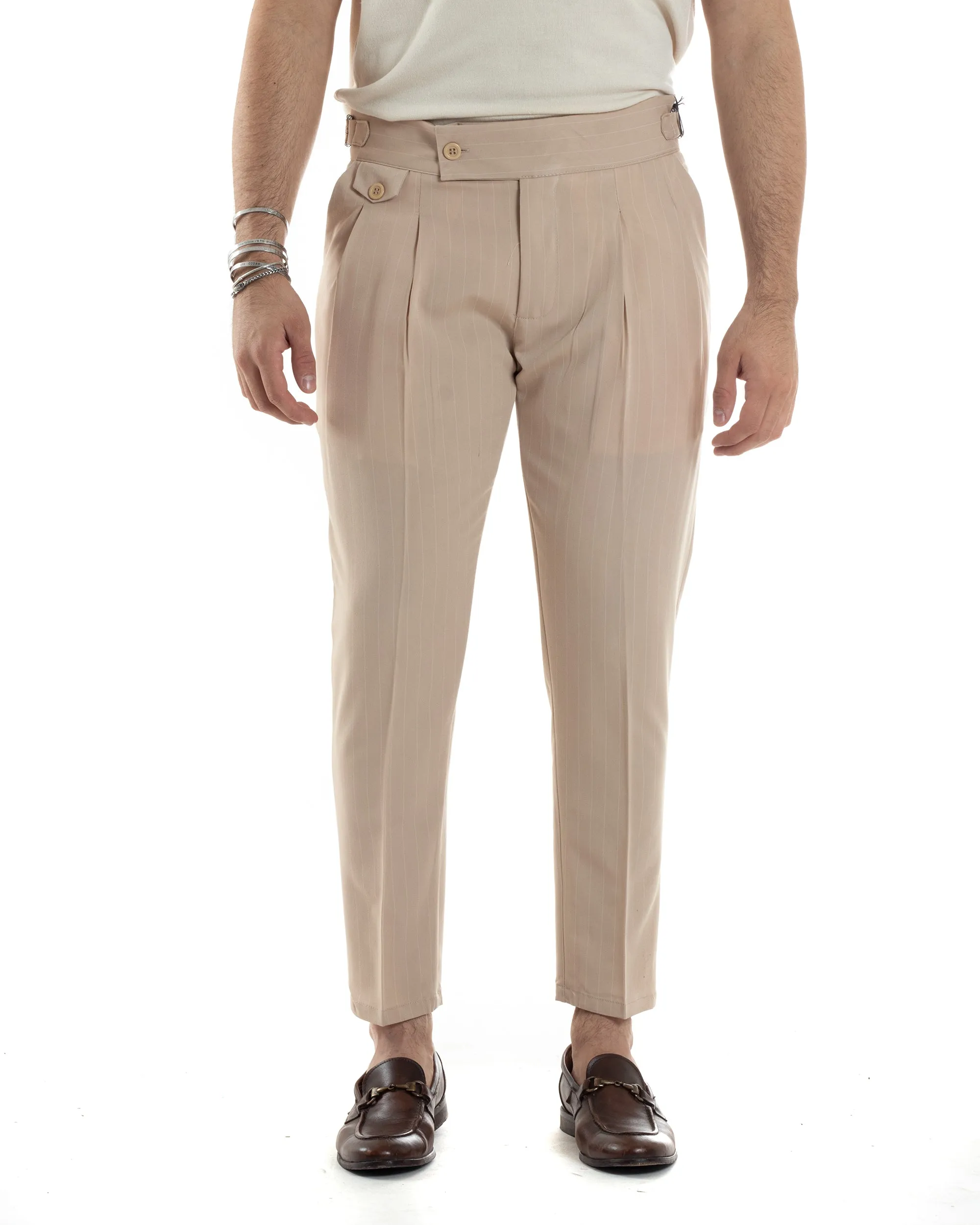 Pantaloni Uomo Classico Gessato Rigato Vita Alta Pinces Abbottonatura Allungata Fibbia Casual Beige GIOSAL-P6087A