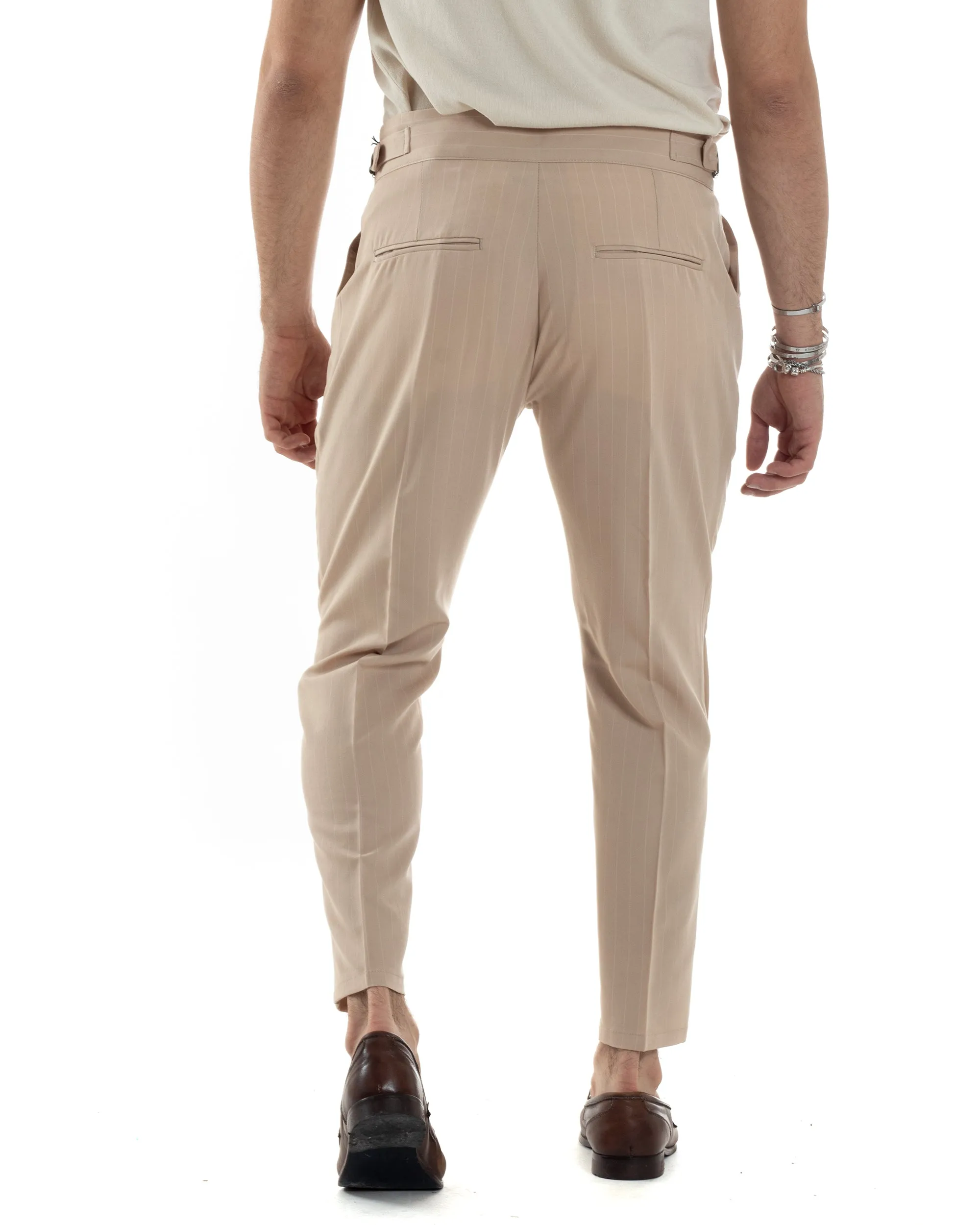 Pantaloni Uomo Classico Gessato Rigato Vita Alta Pinces Abbottonatura Allungata Fibbia Casual Beige GIOSAL-P6087A