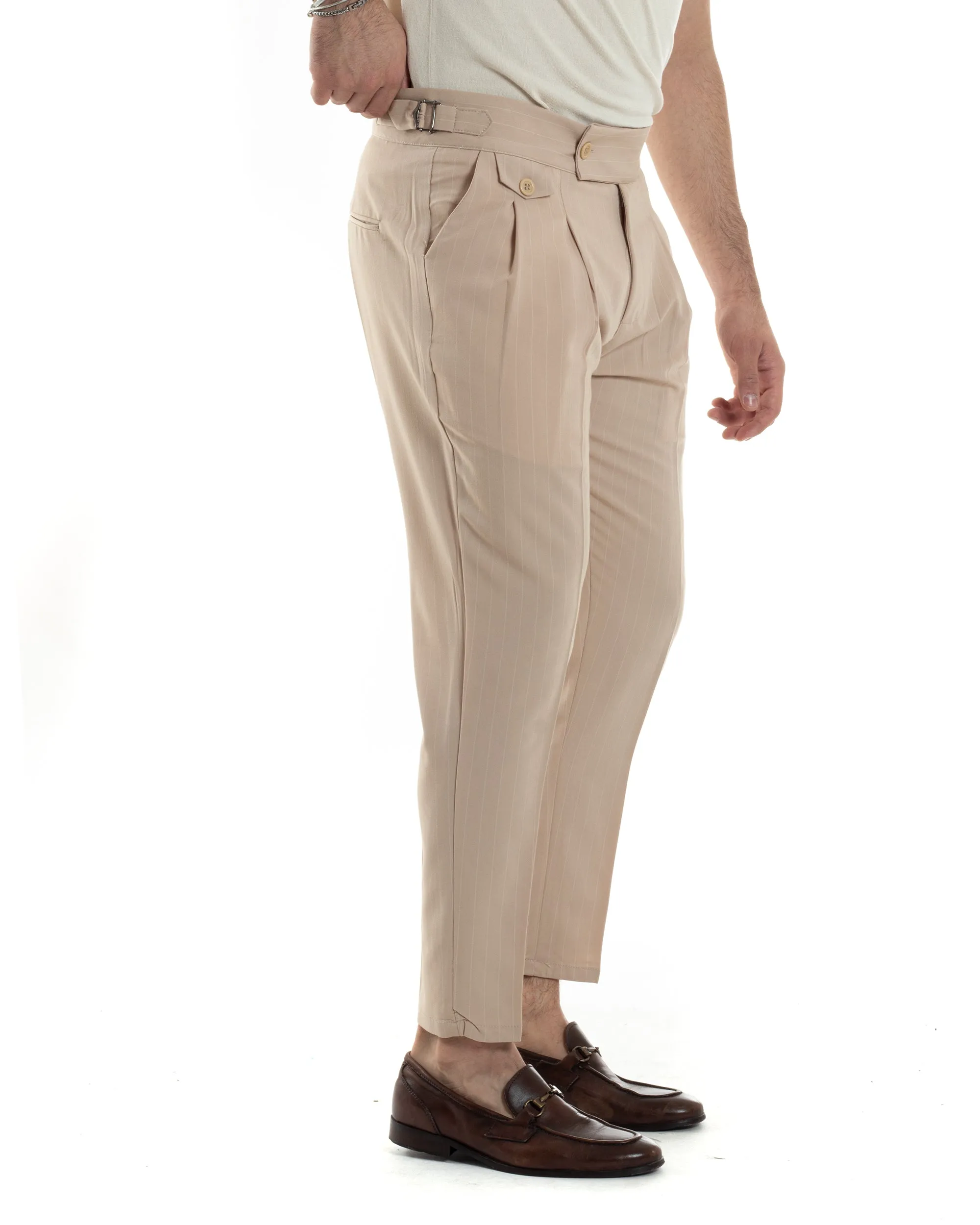 Pantaloni Uomo Classico Gessato Rigato Vita Alta Pinces Abbottonatura Allungata Fibbia Casual Beige GIOSAL-P6087A