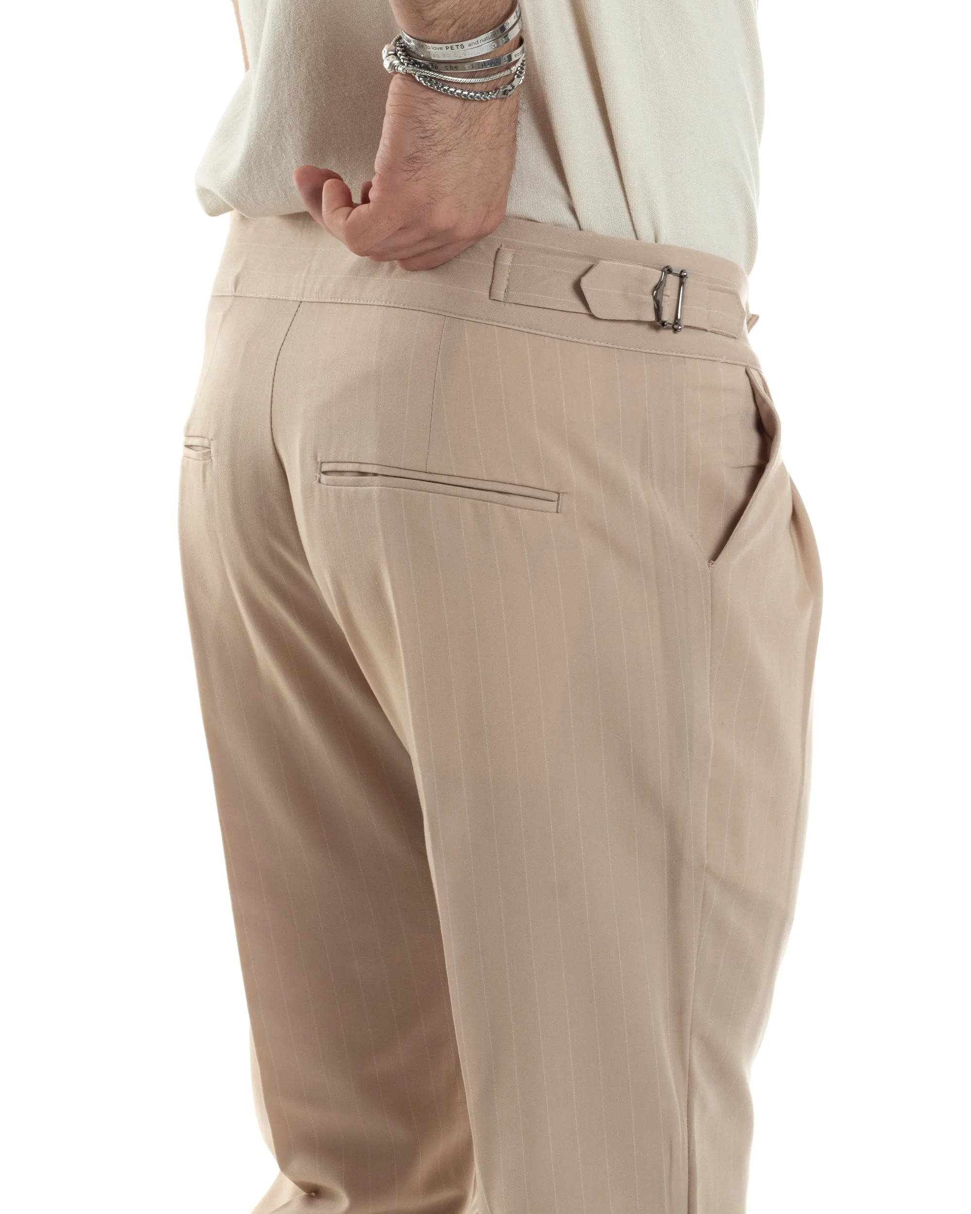 Pantaloni Uomo Classico Gessato Rigato Vita Alta Pinces Abbottonatura Allungata Fibbia Casual Beige GIOSAL-P6087A