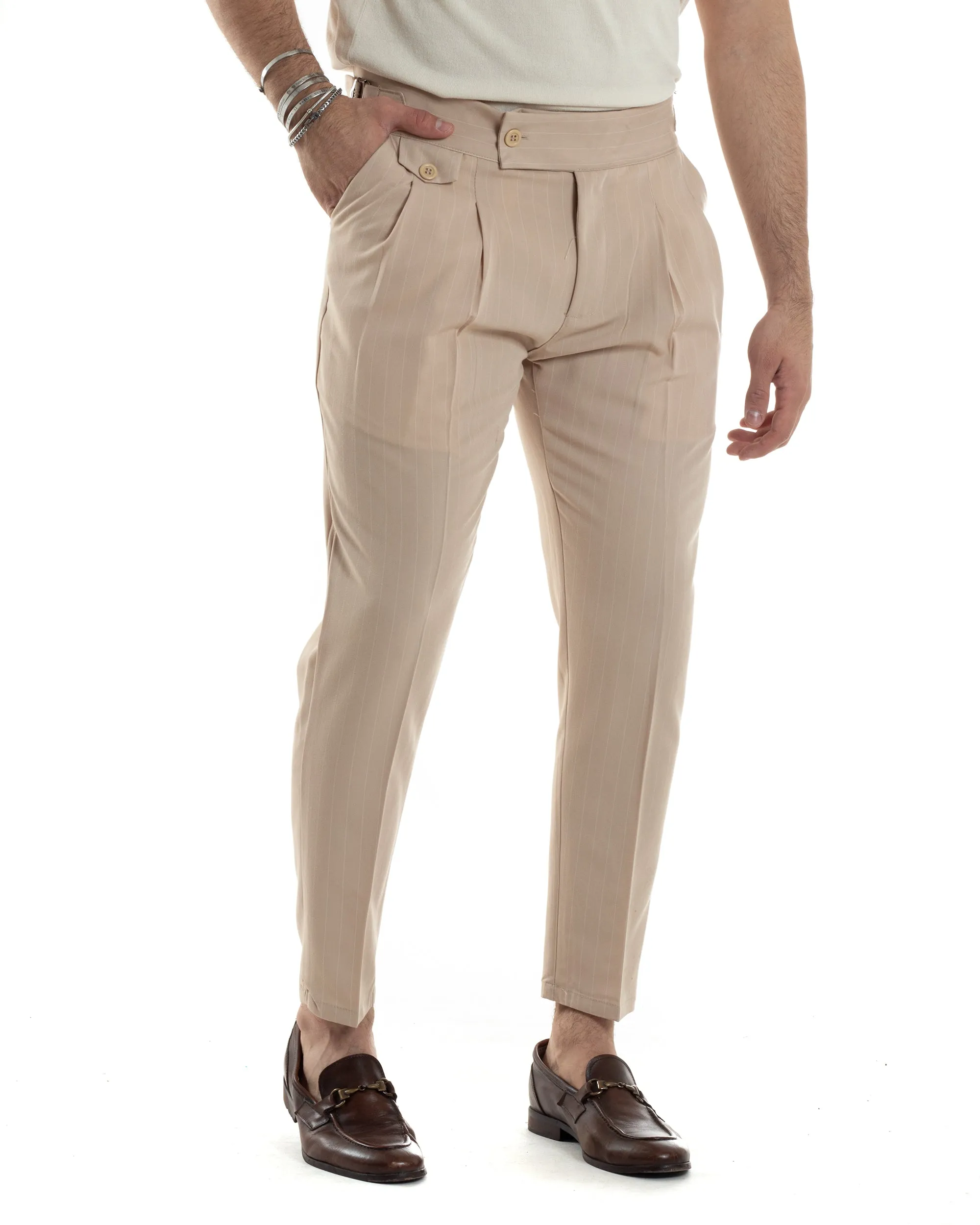 Pantaloni Uomo Classico Gessato Rigato Vita Alta Pinces Abbottonatura Allungata Fibbia Casual Beige GIOSAL-P6087A