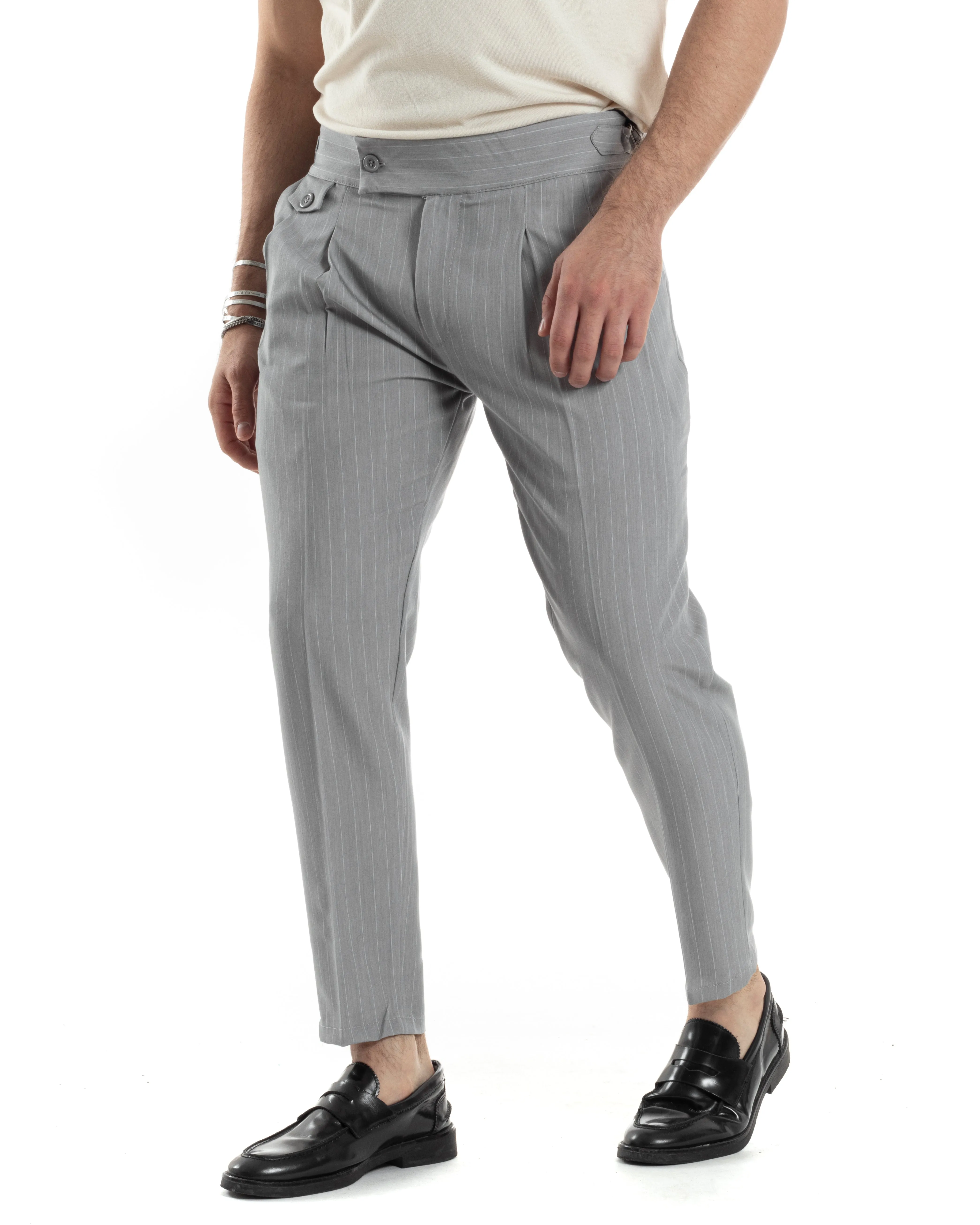 Pantaloni Uomo Classico Gessato Rigato Vita Alta Pinces Abbottonatura Allungata Fibbia Casual Grigio GIOSAL-P6088A